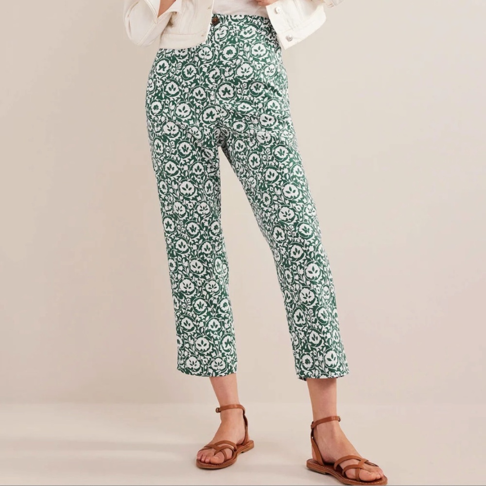 Boden Pull-on Linen Pants Green, Enchanting Bloom Size 12